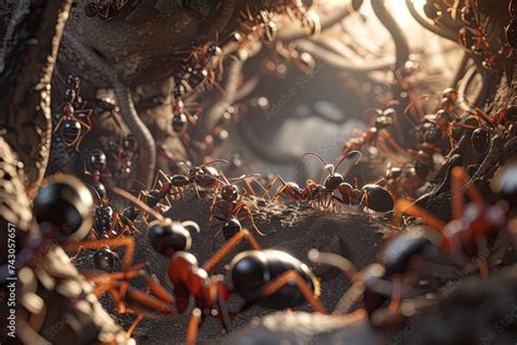 Create a uniquely detailed piece featuring a colony of ants magnified to super macro proportions ...