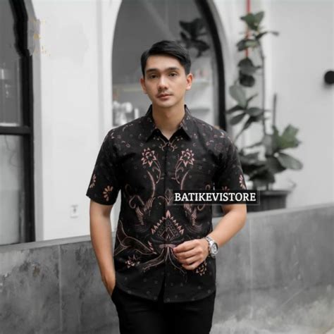 Jual Gurdo Hitam Kemeja Batik Pria Lengan Pendek Slimfit Lapis Furing