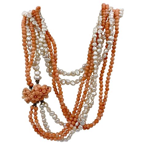 Inch Coral Flower Pearl Necklace Karat Gold Strand Hand Carved