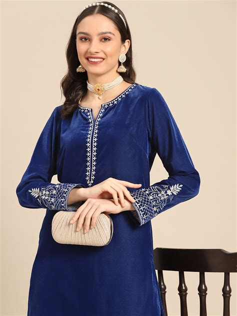 Buy Sangria Women Navy Blue Velvet Finish Kurta With Dhoti Pants