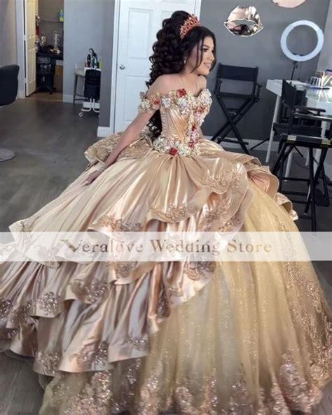 Cute Princess Quinceanera Dresses Off Shoulder Champagne Appliques