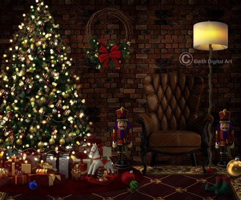 a christmas tree is lit up in front of a brick wall with presents and ...