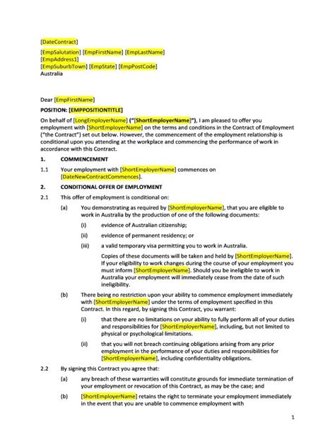 Australian Employment Contract Template Williamson