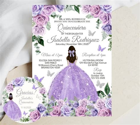 Quinceañera Invitation Editable Template Purple Silver Rose Etsy