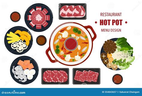 Vector Set Of Shabu Food Hot Pot And Various Spices Hot Soup And Boiled Vegetables In A Hot