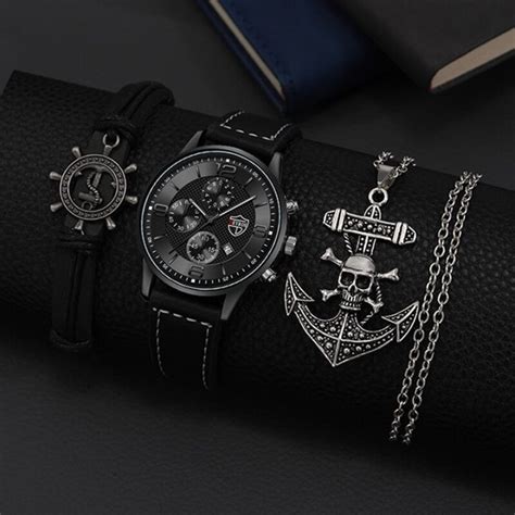 3PCS Set Fashion Mens Calendar Watches Luxury Men Business Black