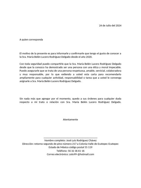 Carta De Recomendación Personal Word Pdf