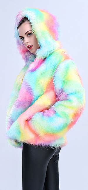 Jtengyao Women Faux Fur Coat Rainbow Color Winter Thick Outerwear Fur