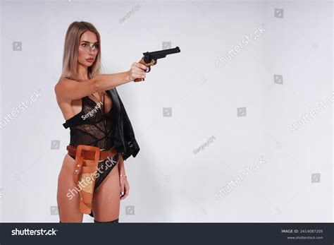Sexy Blonde Woman Lingerie Aiming Old Stock Photo Shutterstock