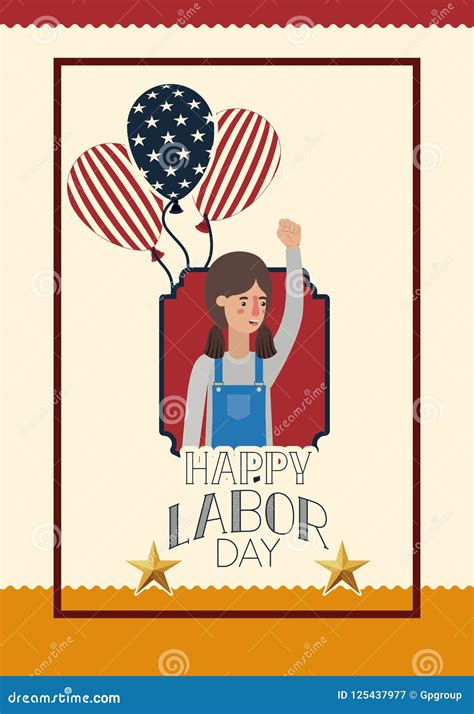 Happy Labor Day Card With Woman Mechanic And Balloons Stock Vector