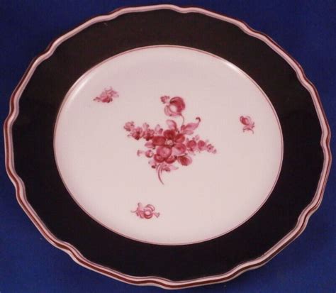 Pair Nymphenburg Porcelain Black Puce Flowers Plate S Porzellan