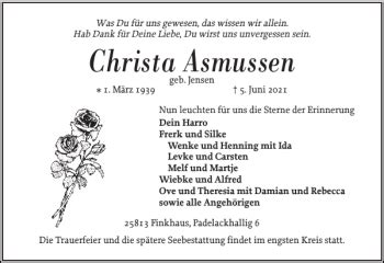 Traueranzeigen Von Christa Asmussen Sh Z Trauer