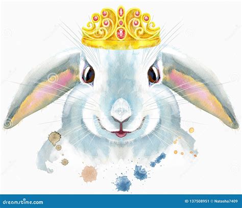 Watercolor Illustration Of A White Rabbit With Golden Crown Stock