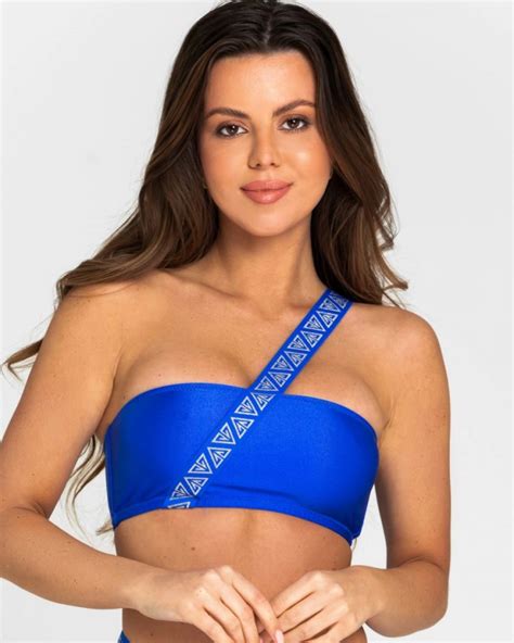 Blue Asymmetrical Without Push Up Bandeau Bikini Top With Branded Strap