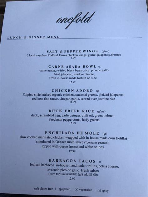Menu at Onefold cafe, Denver, E 18th Ave