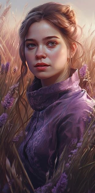 Premium Ai Image A Woman In A Purple Shirt Stands In A Field Of Lavender