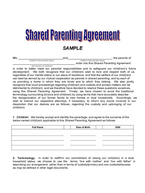 Free Joint Custody Agreement Template Parenting Plan Custody, Child ...