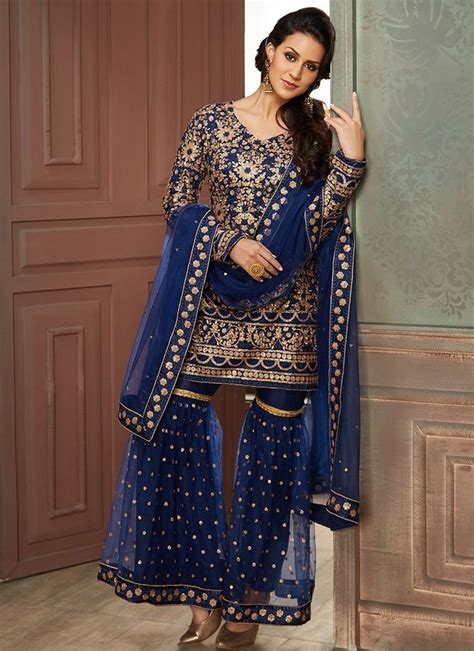 Blue And Gold Heavy Embroidered Gharara Suit Lashkaraa Fashion