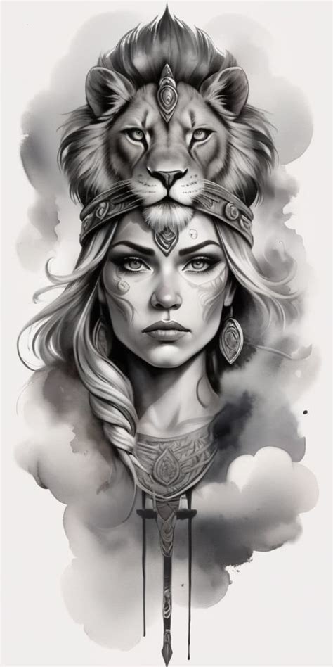 Viking Warrior Woman Lion Head Tattoo Design In 2024 Lion Head