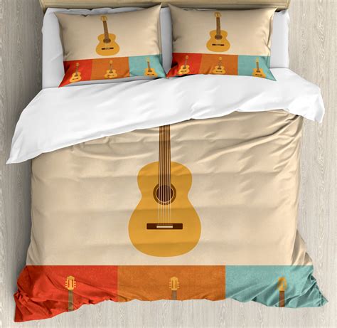 Guitar Duvet Cover Set With Pillow Shams Acoustic Guitars Retro Print