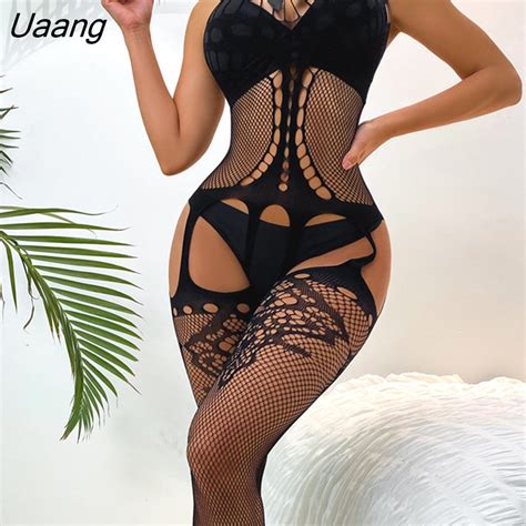 Uaang Crotch Sexy Mesh Bodystockings Hollow Out Lingerie Women Hot Erotic Fishnet Bodysuit