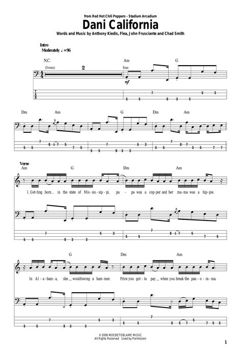 Dani California By The Red Hot Chili Peppers Bass Guitar Tablature Digital Sheet Music