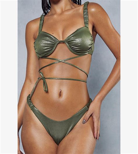 Buy Misspap Metallic Ruched Strappy Cross Bikini Set In Khaki