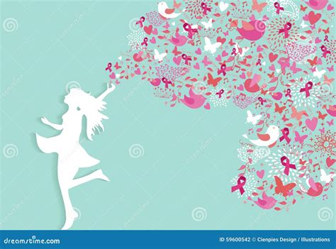 Breast Cancer Healthy Woman Silhouette Pink Ribbon Stock Vector