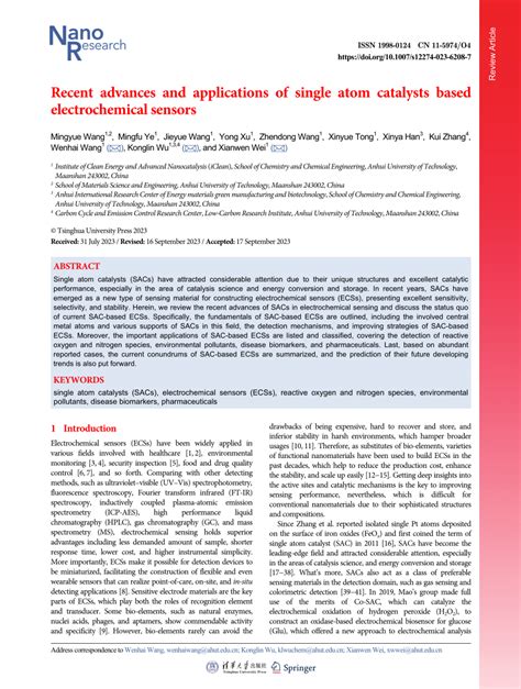 Pdf Recent Advances And Applications Of Single Atom Catalysts Based Electrochemical Sensors