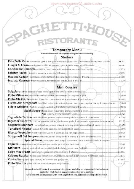 Online Menu of Spaghetti House Restaurant, Lancaster, United Kingdom ...