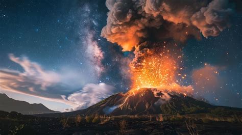 Sou Lançada Na Erupção Vulcânica - Erupção vulcânica espetacular sob o céu noturno estrelado mostrando as ...