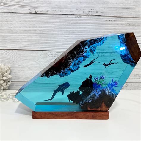 Whale Shark And Diver Night Light Epoxy Resin Lamp Wood Etsy