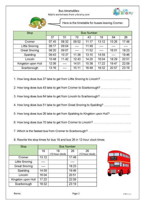 Reading A Bus Timetable Worksheet