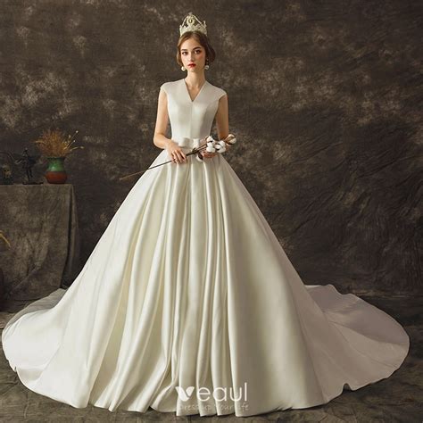 Modest Simple Ivory Satin Wedding Dresses 2019 A Line Princess V Neck Sleeveless Bow Sash