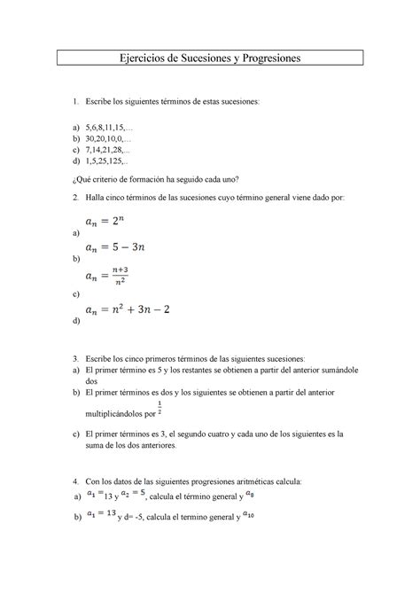 Ejercicios De Sucesiones Y Progresiones Ejercicios De Sucesiones Y