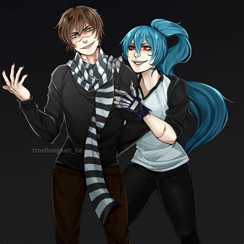 Two Anime Characters With Blue Hair And Black Clothes One Holding His