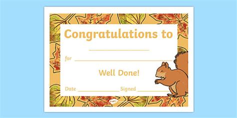 Autumn Woodland Squirrel Certificate Teacher Made Twinkl