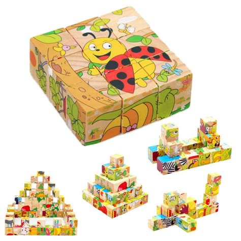 6 in 1 Wooden Block Puzzle Animal Cube Puzzle for Kids 2 3 4+ Years Boy ...