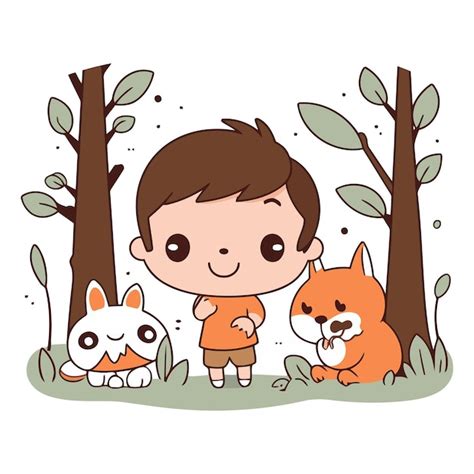 Niño lindo con perro y gato en el bosque diseño de ilustración