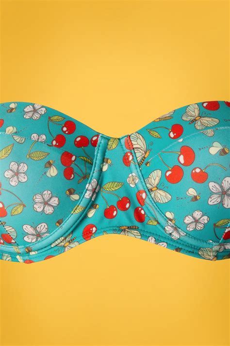 50s Sweet Cherry Bikini Top In Turquoise