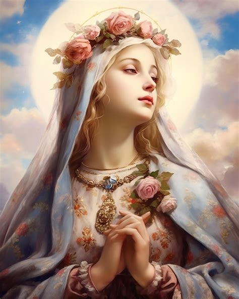 Premium Ai Image A Painting Of A Virgin Mary With Flowers On Her Head