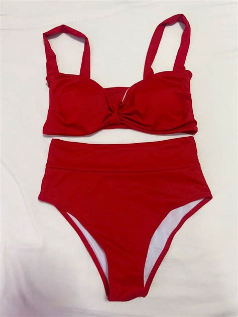 Red Ribbed Bikini Women S Fashion Swimwear Bikinis Swimsuits On Carousell