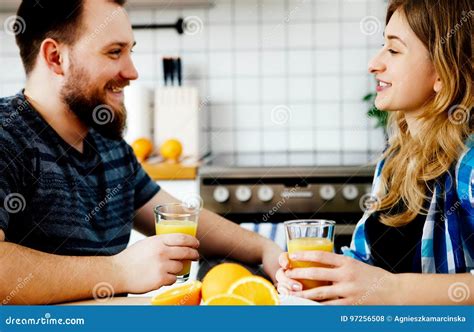 Couple Drinking Orange Juice Stock Photo Image Of Orange Lunch 97256508