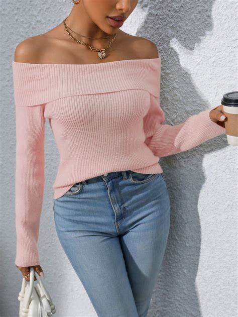 Shein Privé Off Shoulder Fold Over Collar Ribbed Top Shein Usa