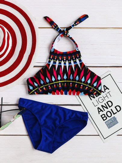 Colorful Geometric Print Halter Mix Match Bikini Set SheIn Sheinside