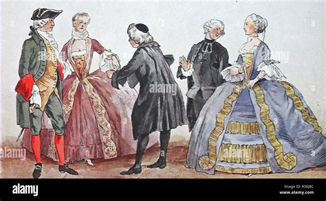 Fashion Clothing Folk Costumes In France At The Time Of The Rococo Around 1755 Illustration