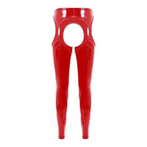 Uaang Womens Lingerie Hot Wet Look Patent Leather Cutout Leggings High Waist Crotchless Open