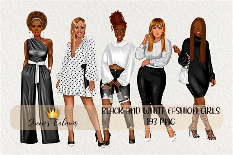 Fashion girl clipart, black and white girls clipart