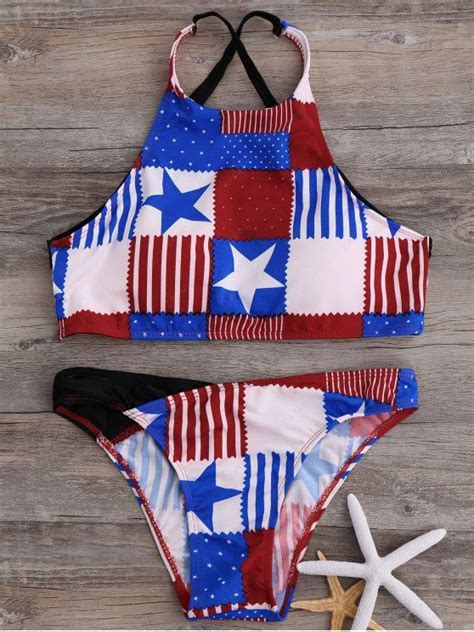 American Flag High Neck Bikini Bathing Suit BLUE AND WHITE AND RED