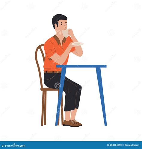 People Drink Coffee. Cartoon Character with Tea Cup and Saucer. Man